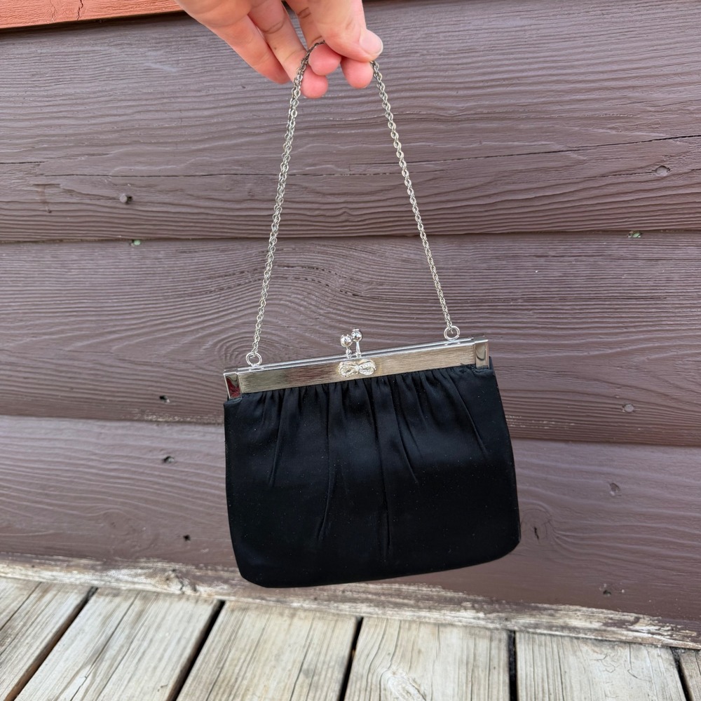 HL USA Vintage Evening Bag Womens Black Satin Silver‎ Frame Rhinestone Bow Clasp